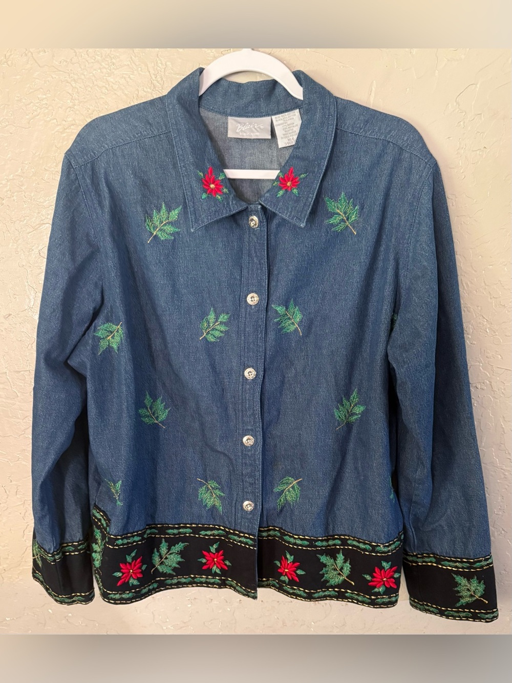 Blair Denim Shirt Women's Size XLG- Poinsettia Holly Embroidered